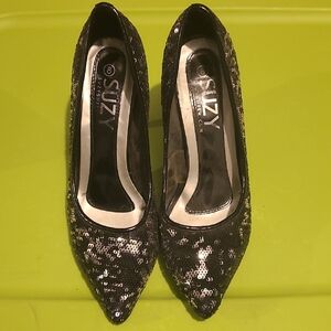 Black And Silver Sequin High Heel Pumps